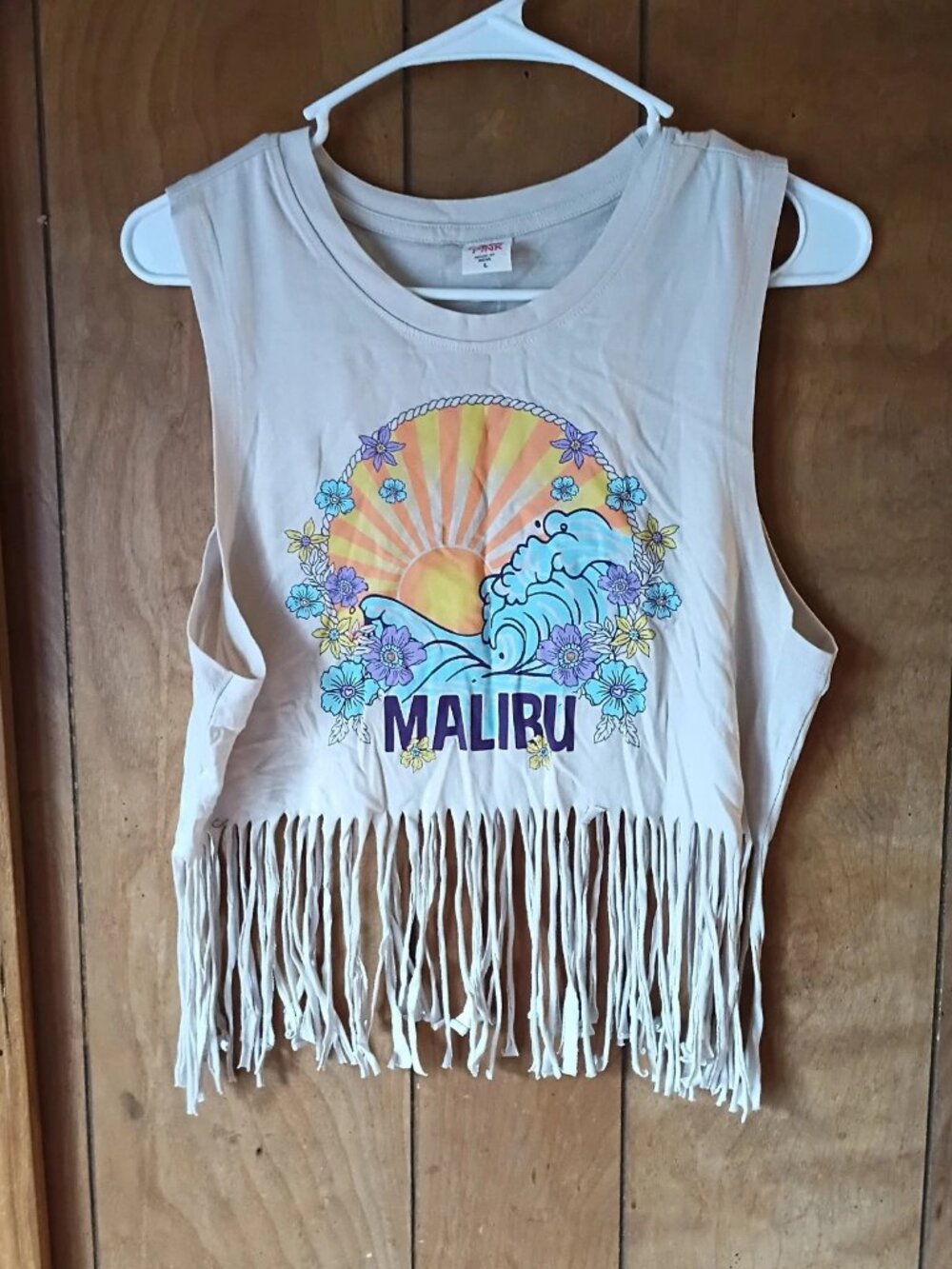 Electric Pink Malibu Fringe Crop Tank Top Size L Cotton Boho Beach Festival